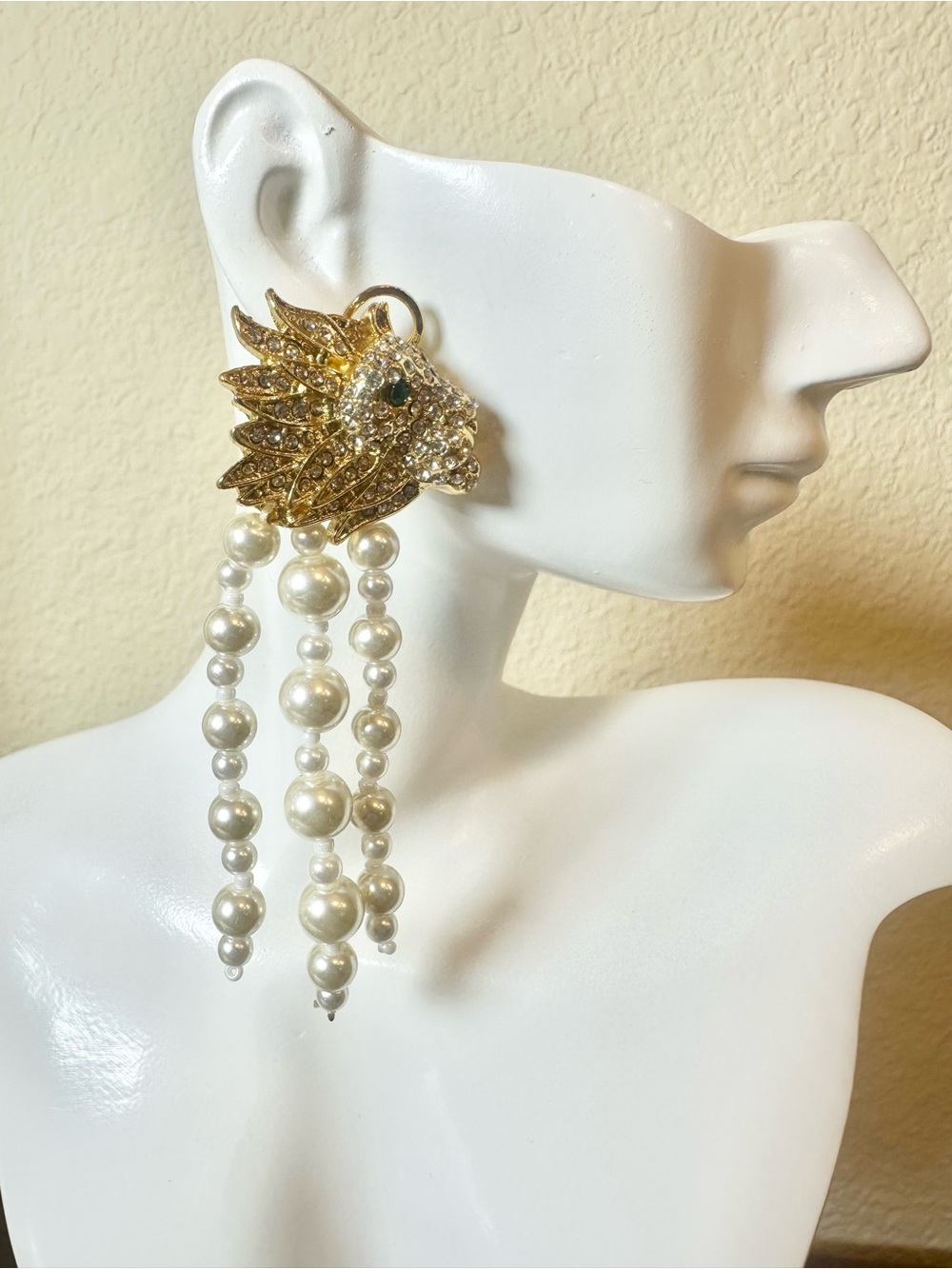 18k Gold-Plated CZ Lion Head Pearl Drop Earrings - Designer Style